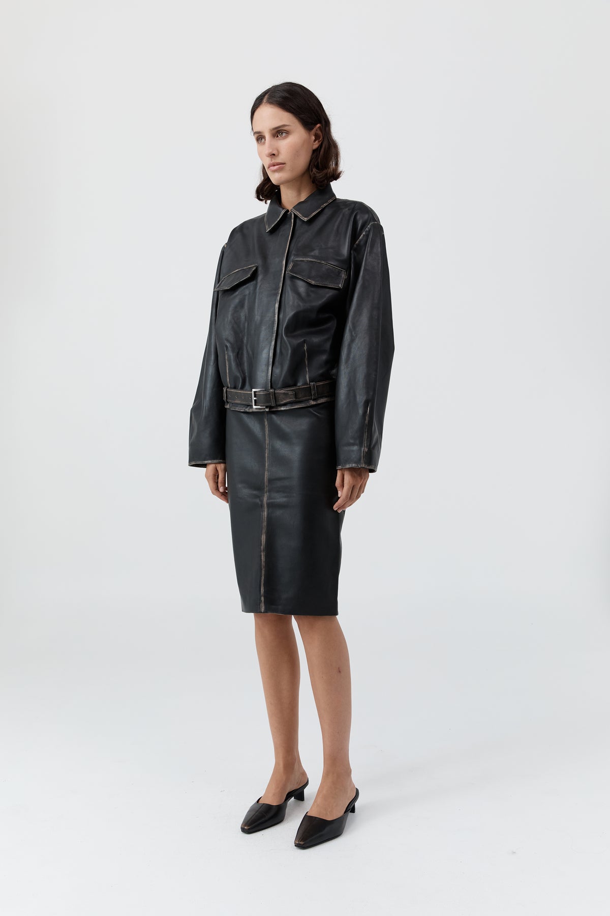 Brushed Leather Pencil Skirt - Black