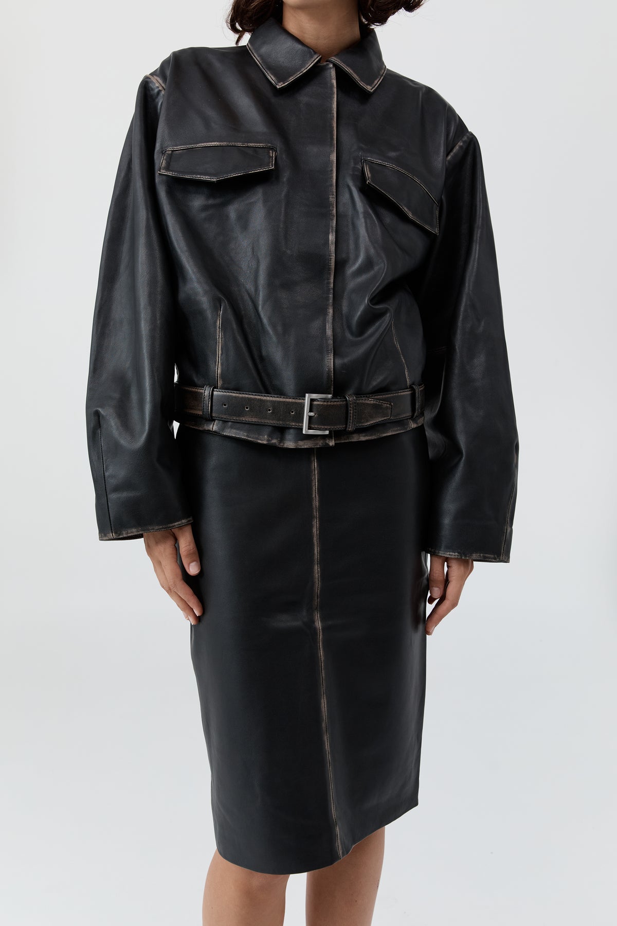 PRE-ORDER: Brushed Leather Belted Jacket - Black