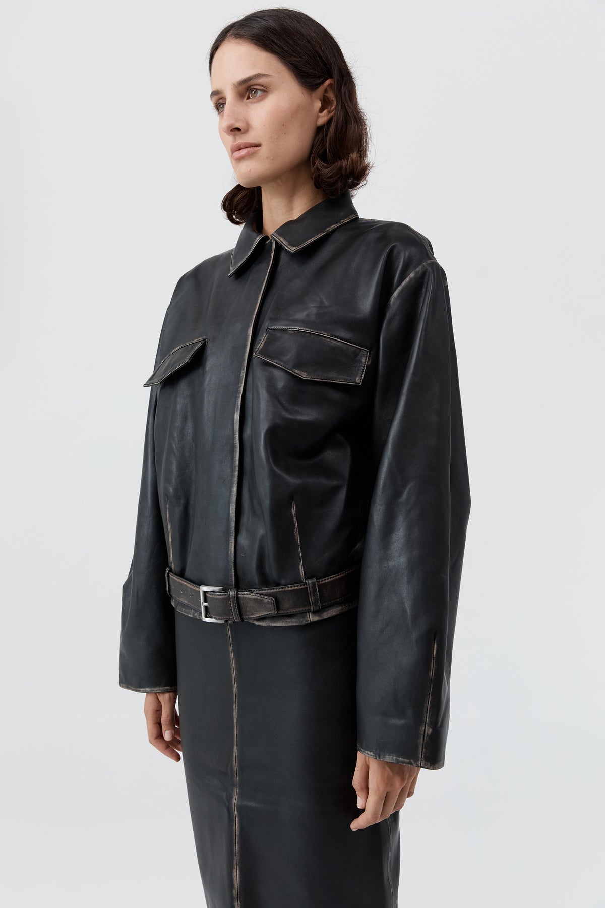 PRE-ORDER: Brushed Leather Belted Jacket - Black
