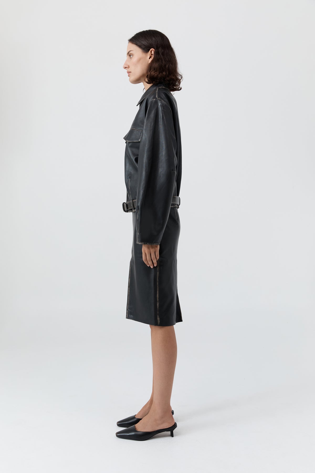 Brushed Leather Pencil Skirt - Black