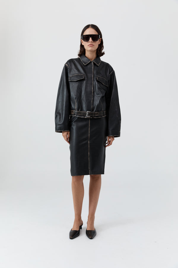PRE-ORDER: Brushed Leather Belted Jacket - Black