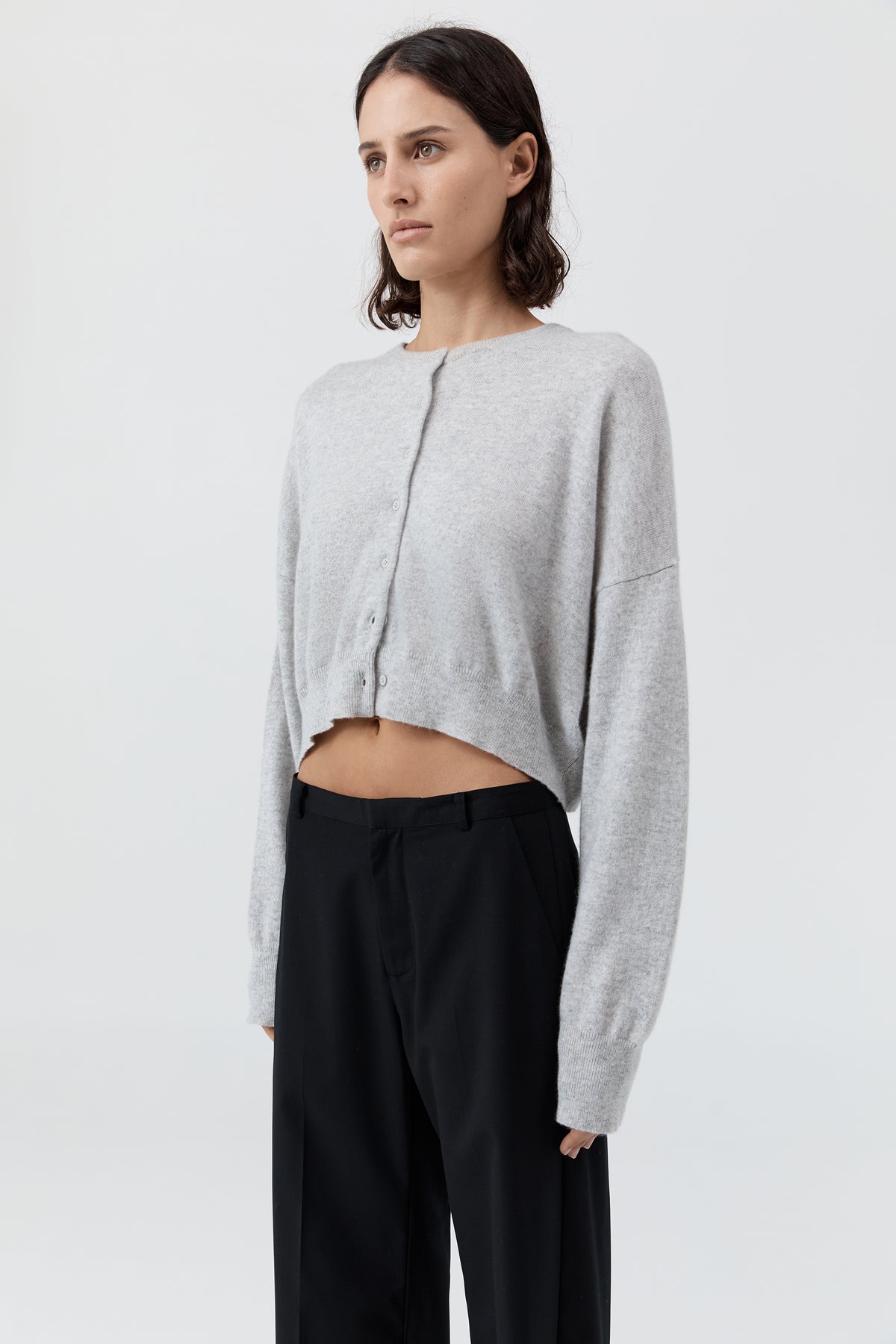 Cashmere Relaxed Cropped Cardigan - Grey Marle