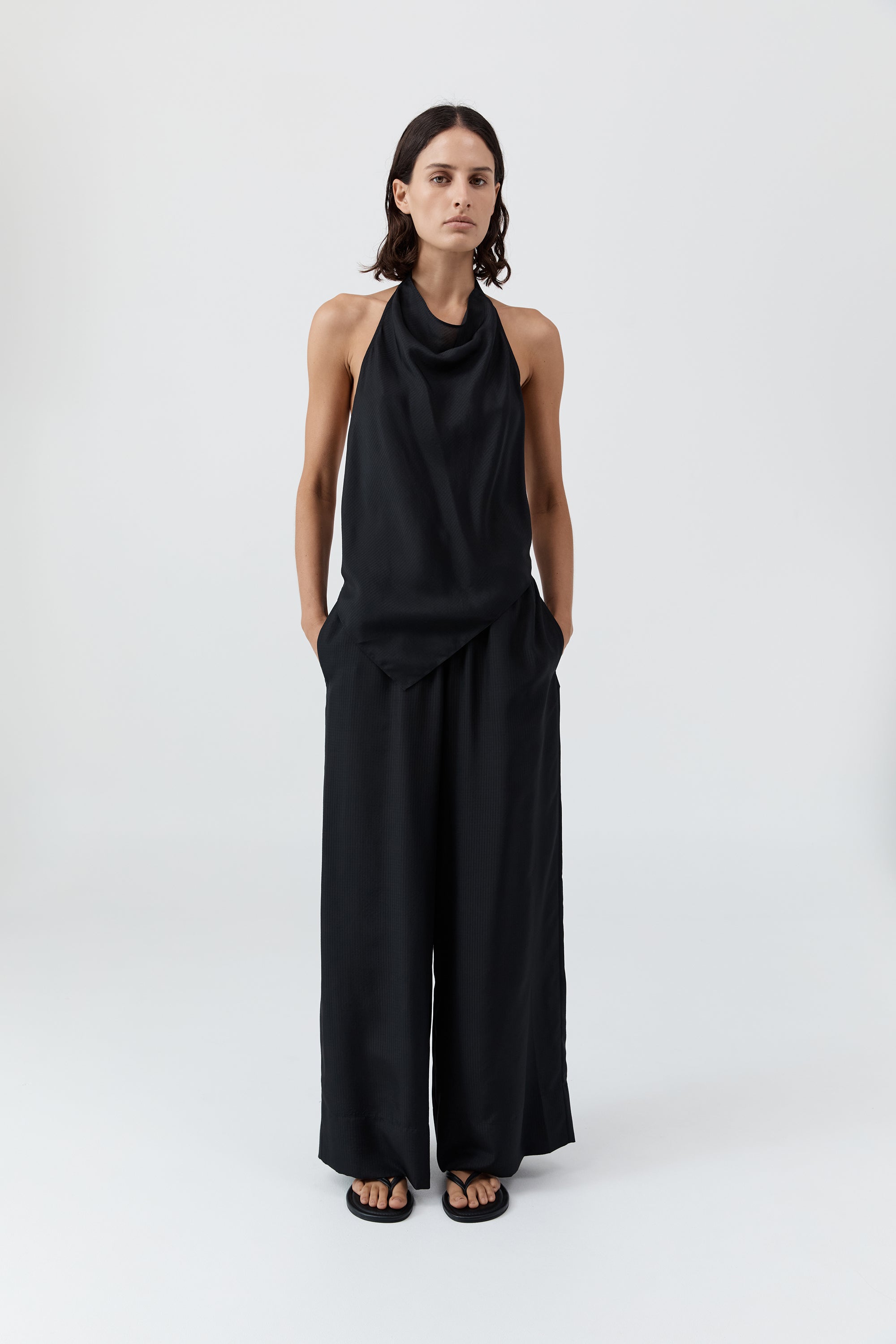 Silk Grid Halter Top - Black