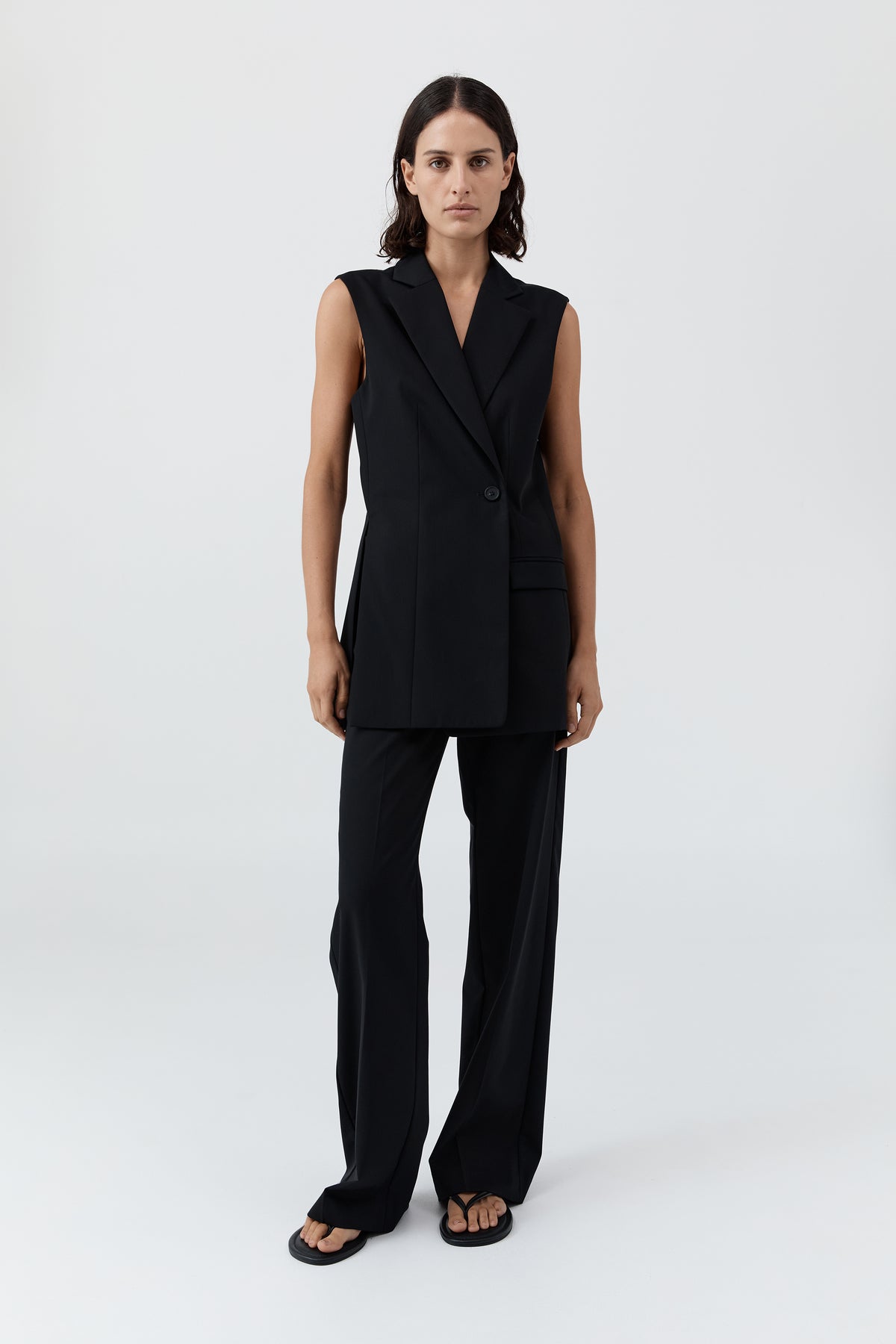Wool Sleeveless Split Blazer - Black