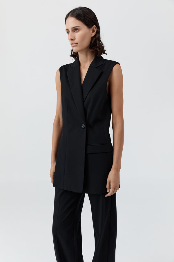 Wool Sleeveless Split Blazer - Black