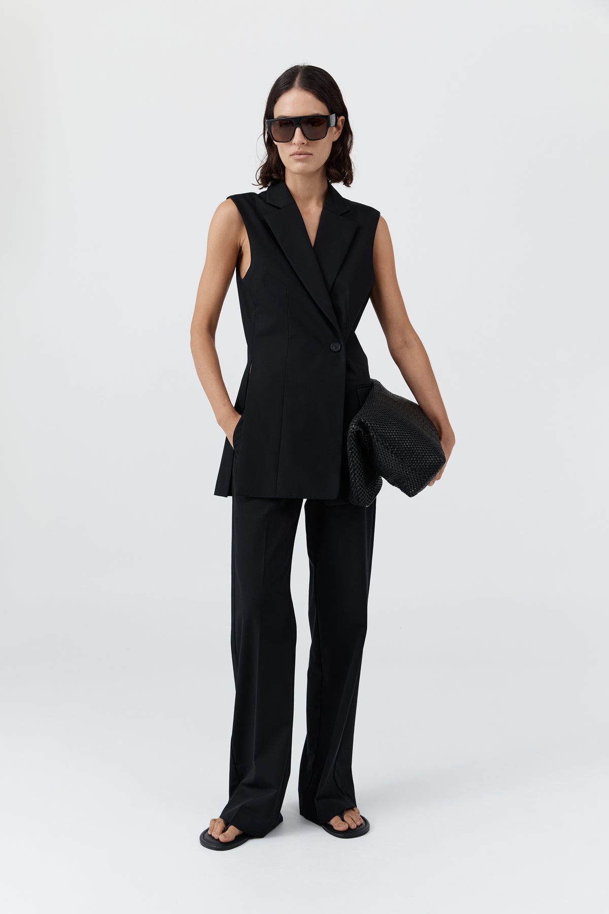 Wool Sleeveless Split Blazer - Black