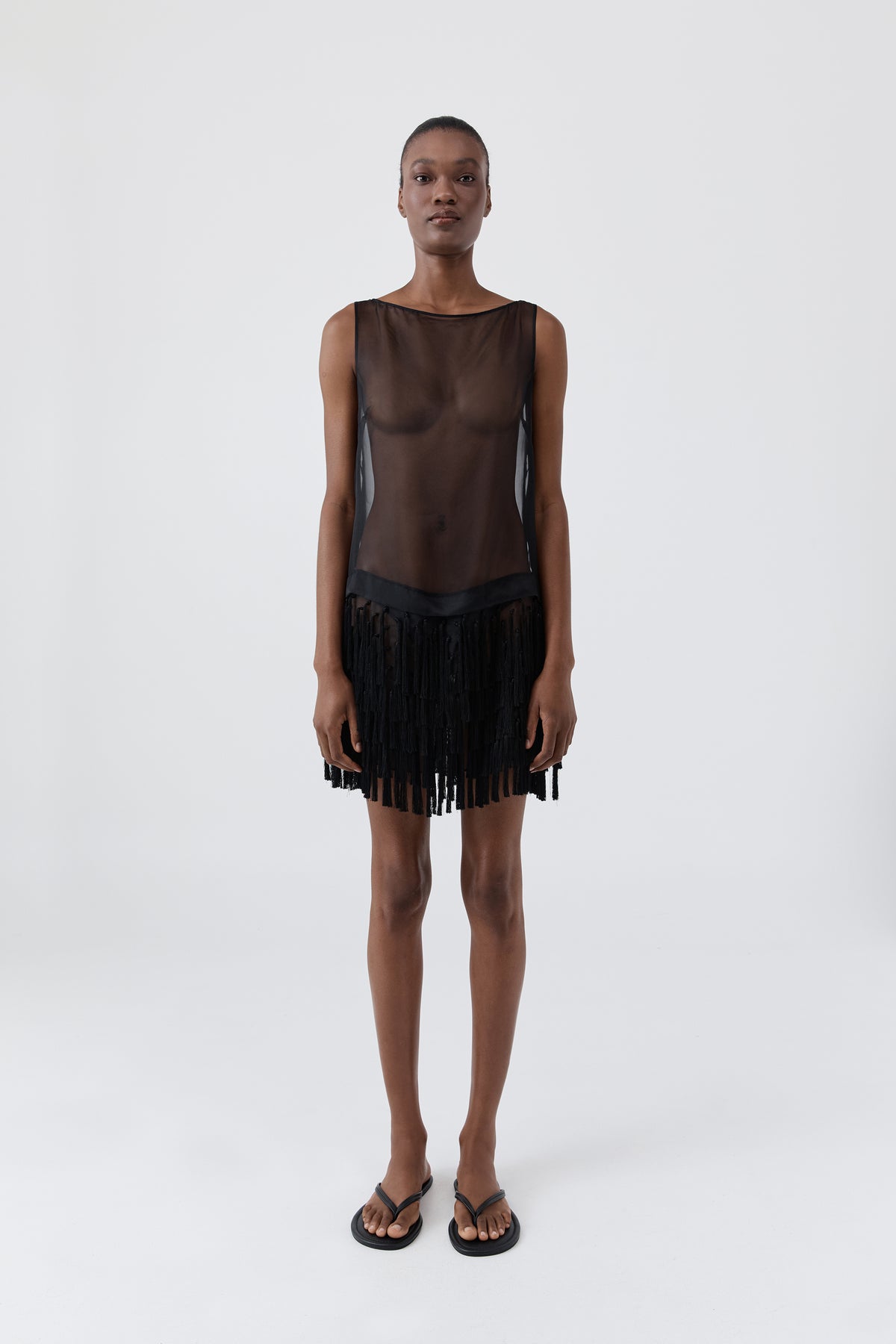 Tassel Shift Mini Dress - Black