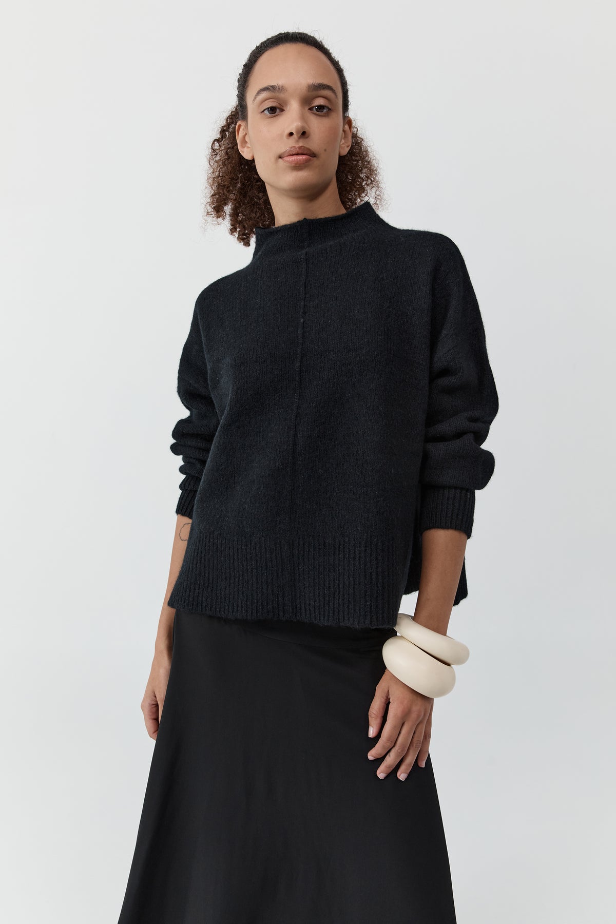 Wool Blend Mock Neck Sweater - Black