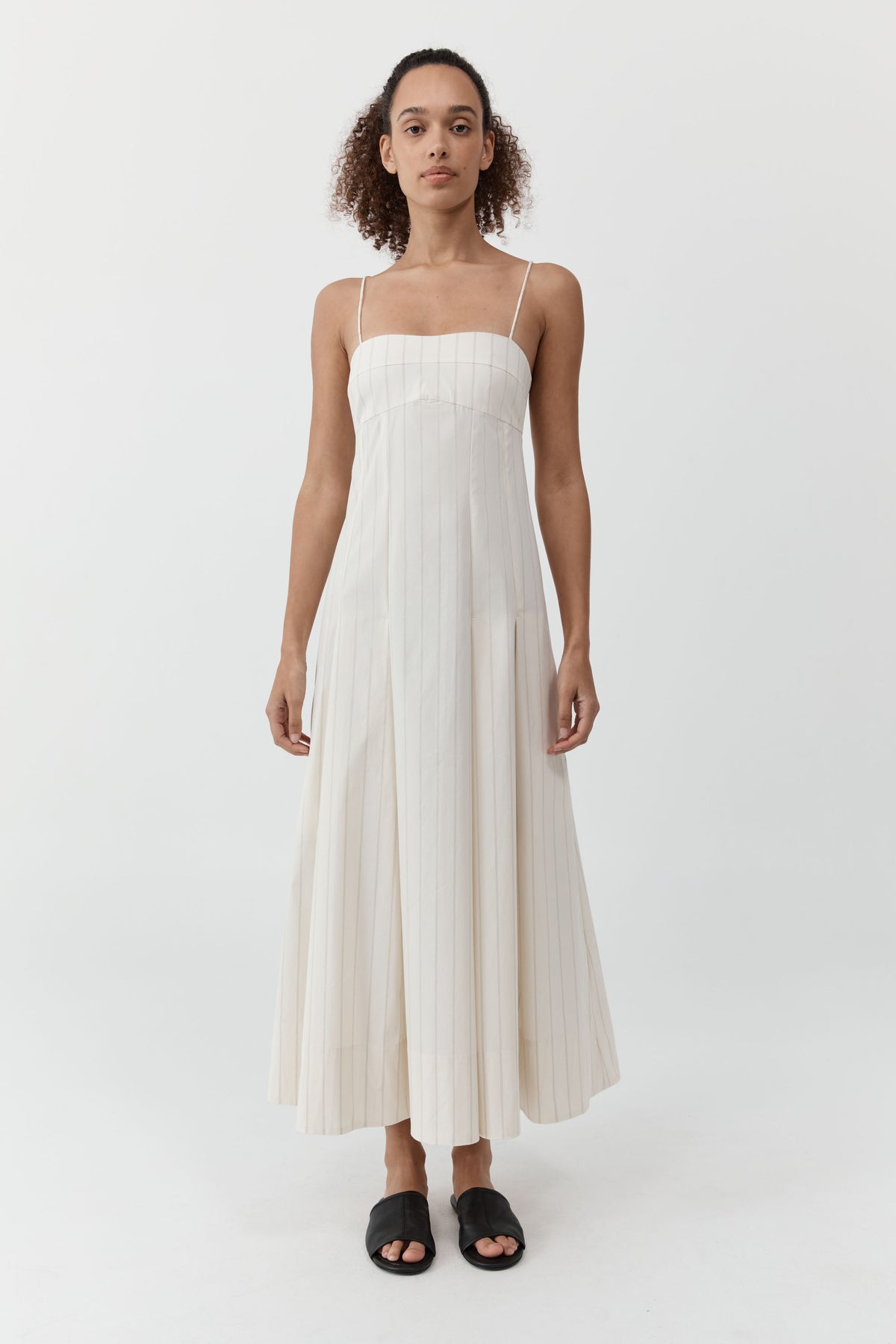 Everyday Cotton Pleat Dress - Ecru Stripe