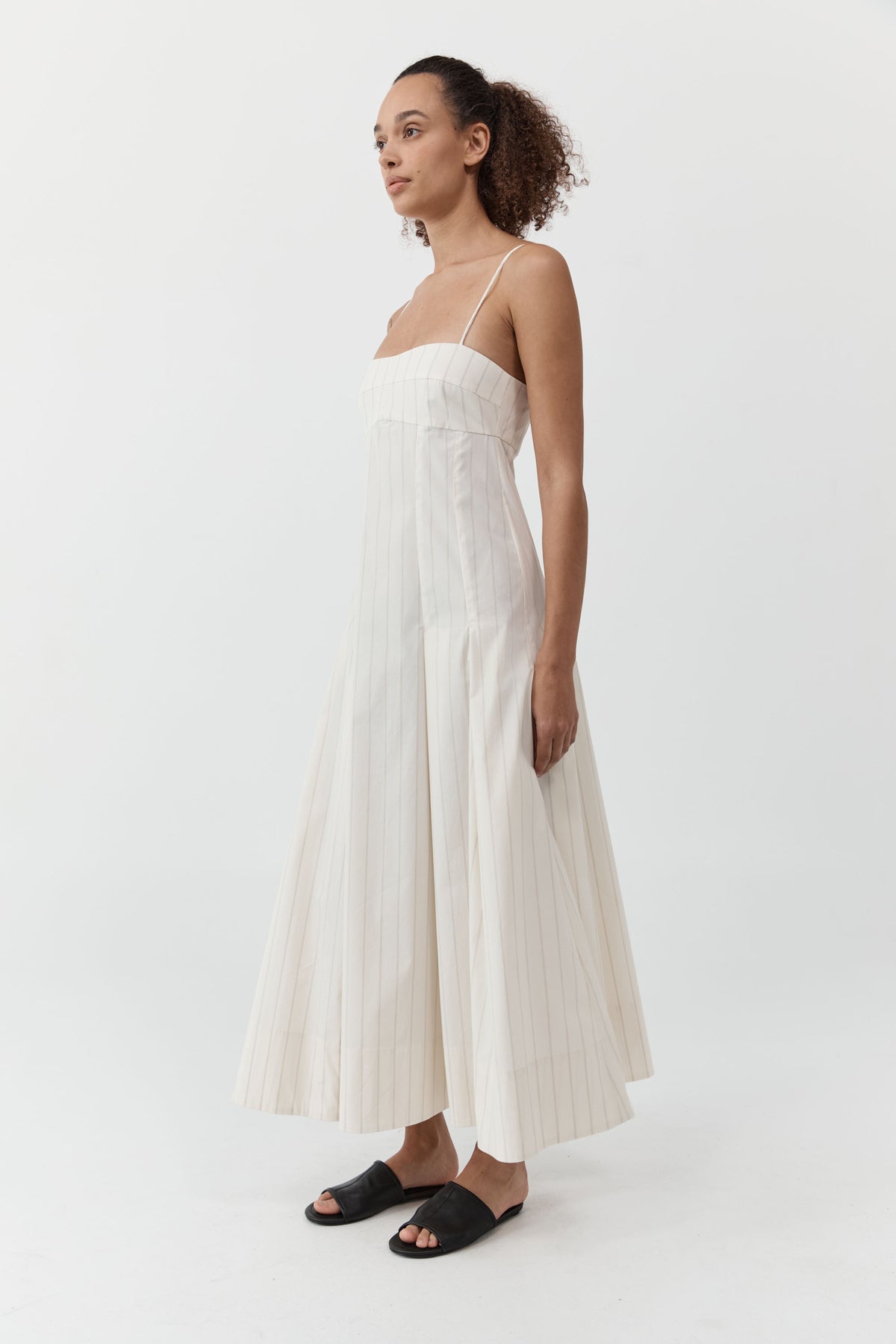 Everyday Cotton Pleat Dress - Ecru Stripe