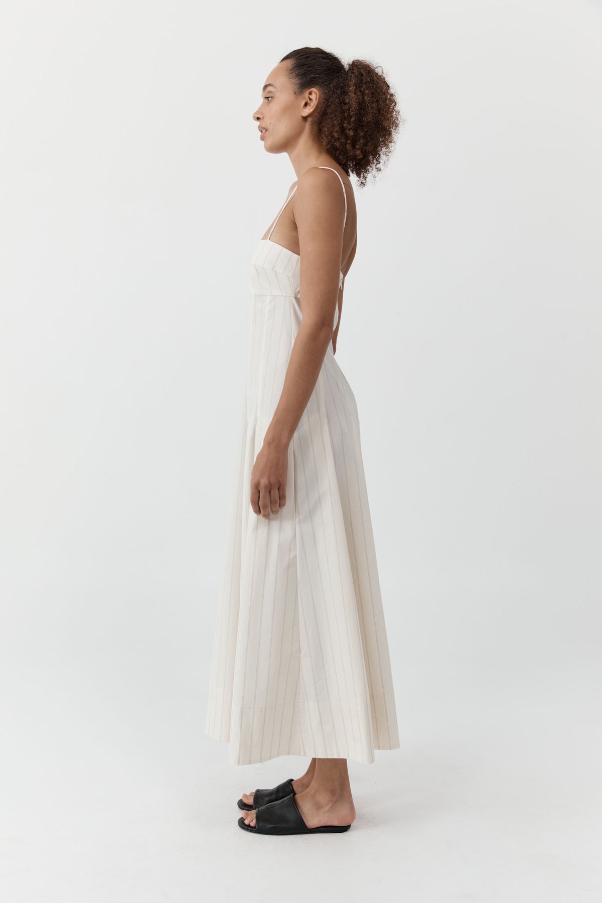 Everyday Cotton Pleat Dress - Ecru Stripe