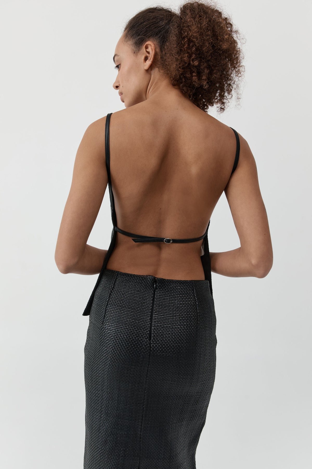 Woven Leather Square Neck Top - Black