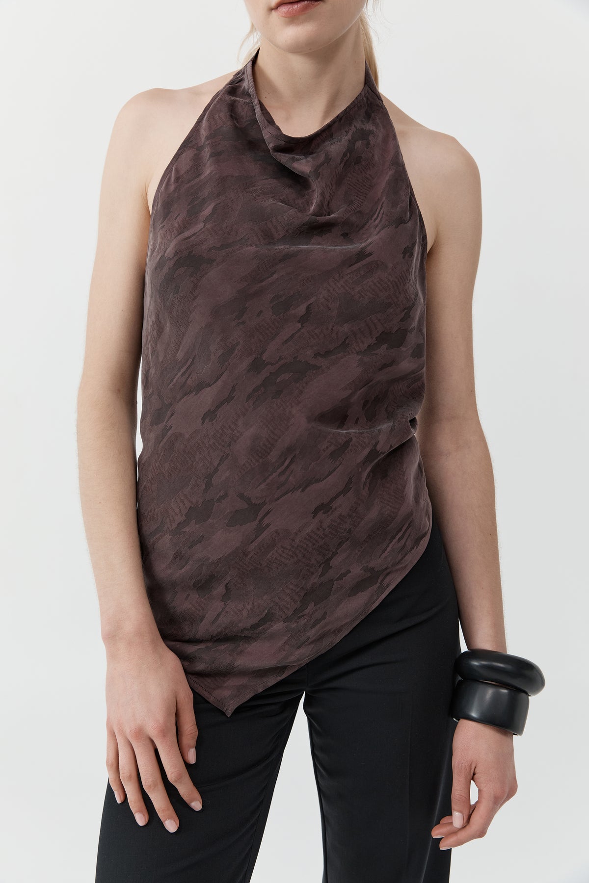 Jacquard Cowl Tie Top - Chocolate Plum