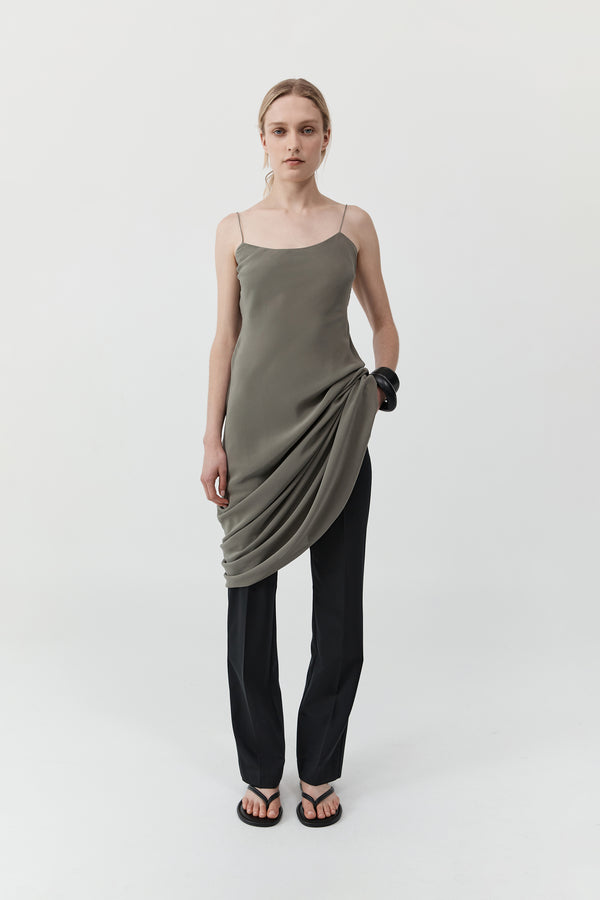 Silk Slip Dress - Smokey Olive