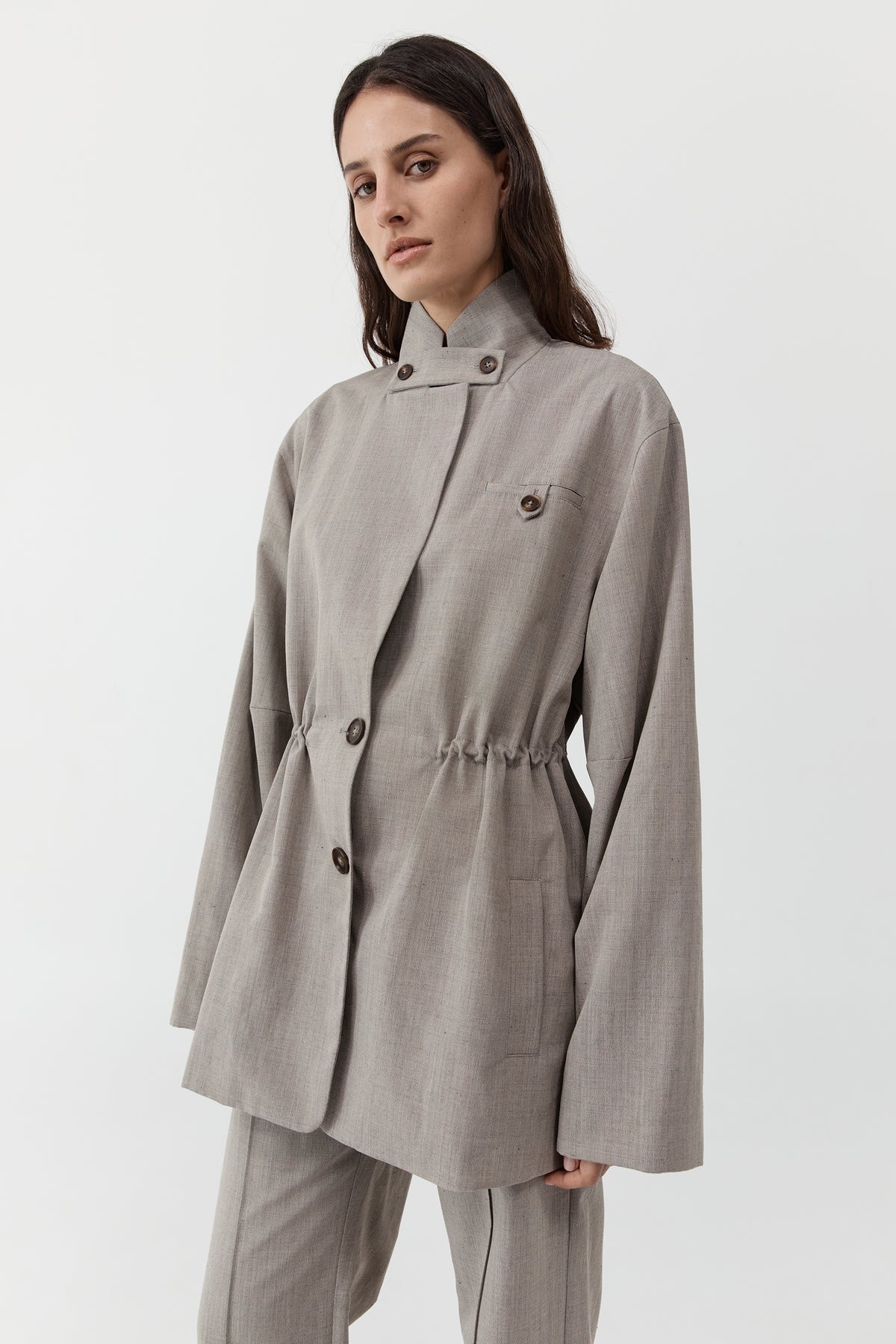 Drawstring Waist Blazer - Pebble Melange