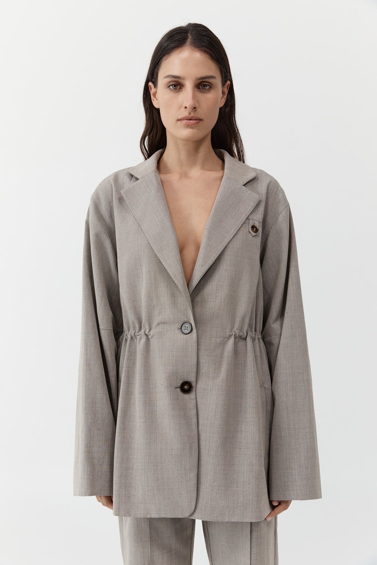 Drawstring Waist Blazer - Pebble Melange