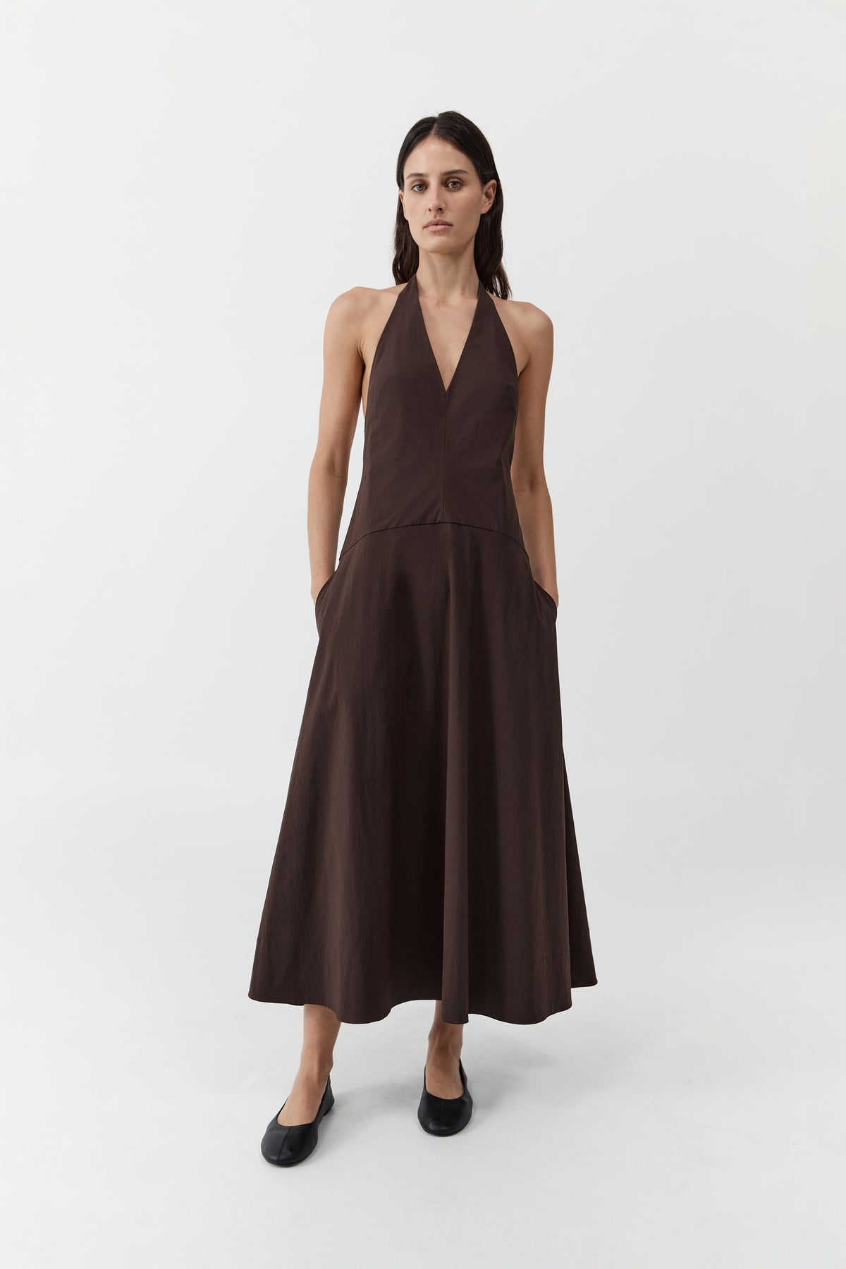 Halter Plunge Dress - Bark