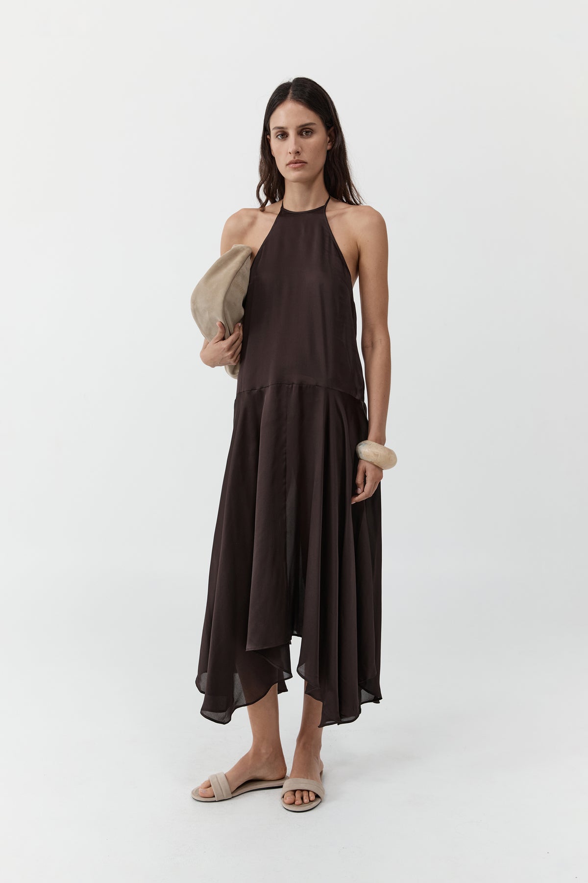 Silk Handkerchief Halter Dress - Bark