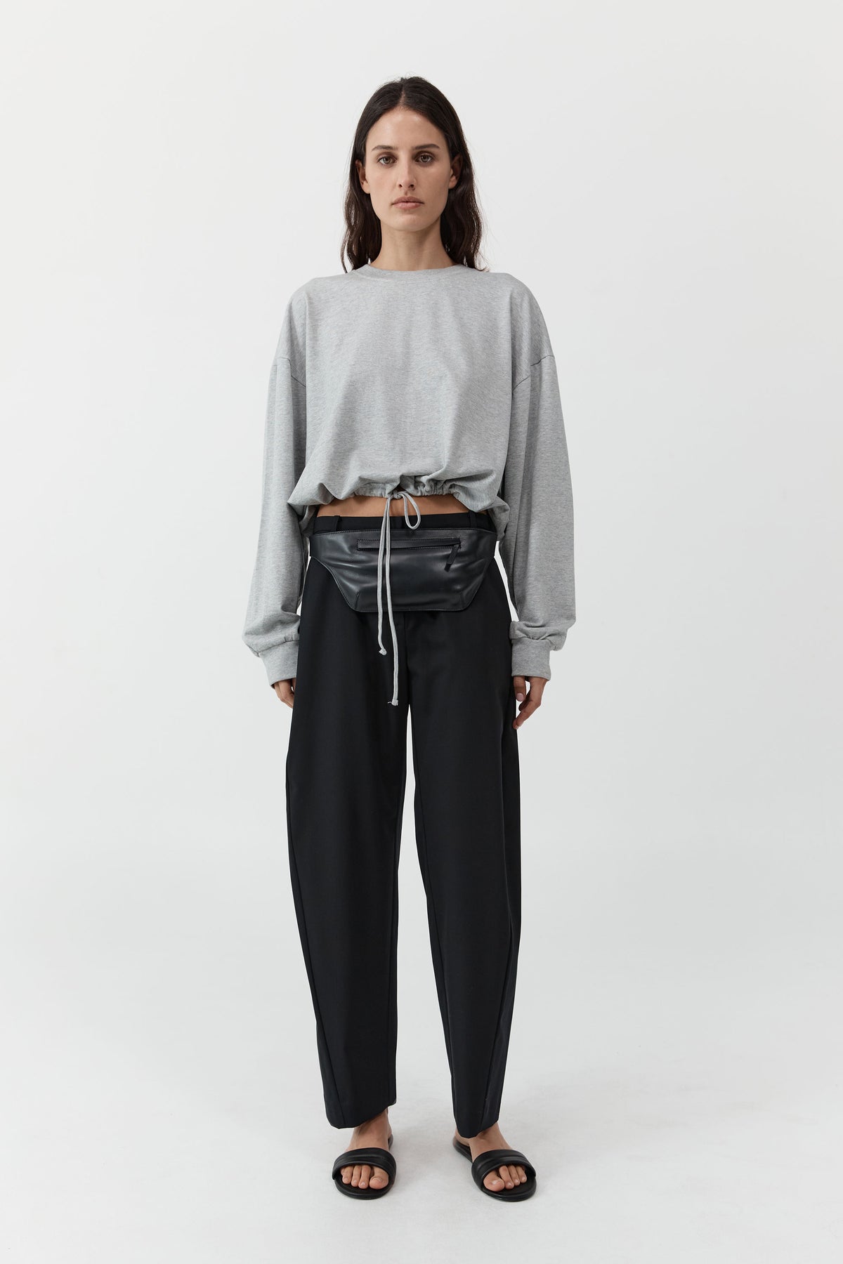 Drawstring Long Sleeve Top - Light Grey Marle