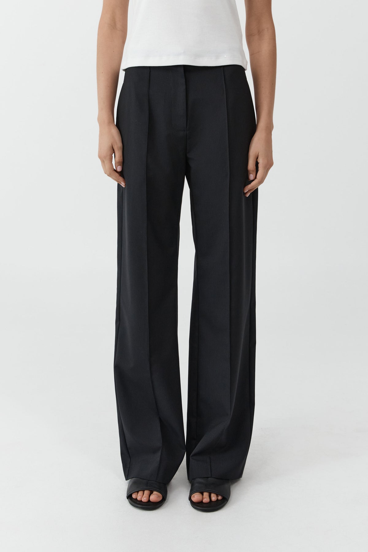 Wool Pinstripe Pintuck Pants - Fine Pinstripe