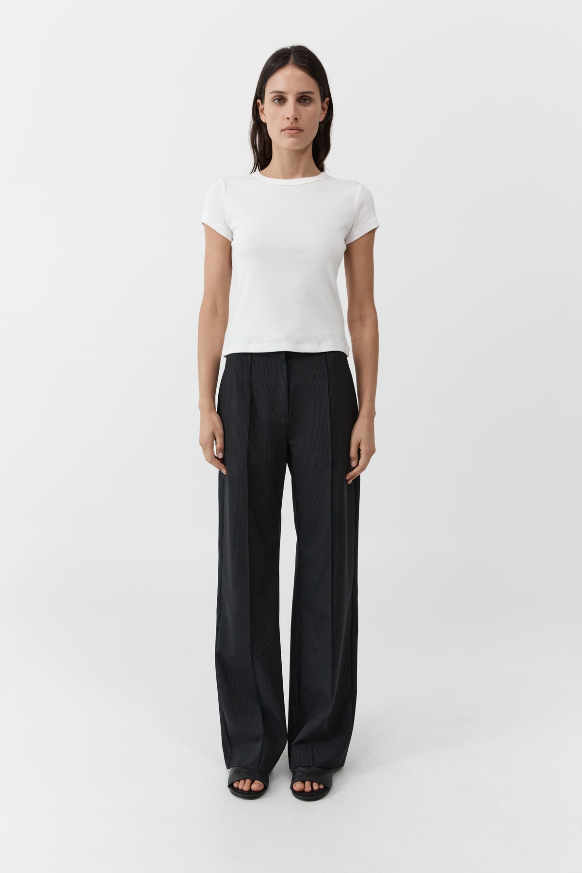 Wool Pinstripe Pintuck Pants - Fine Pinstripe