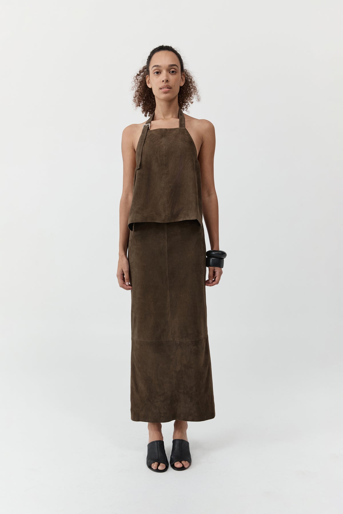 Suede Column Skirt - Khaki