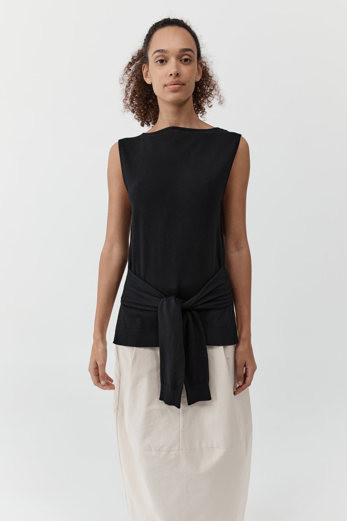 Fine Merino Tie Waist Top - Black