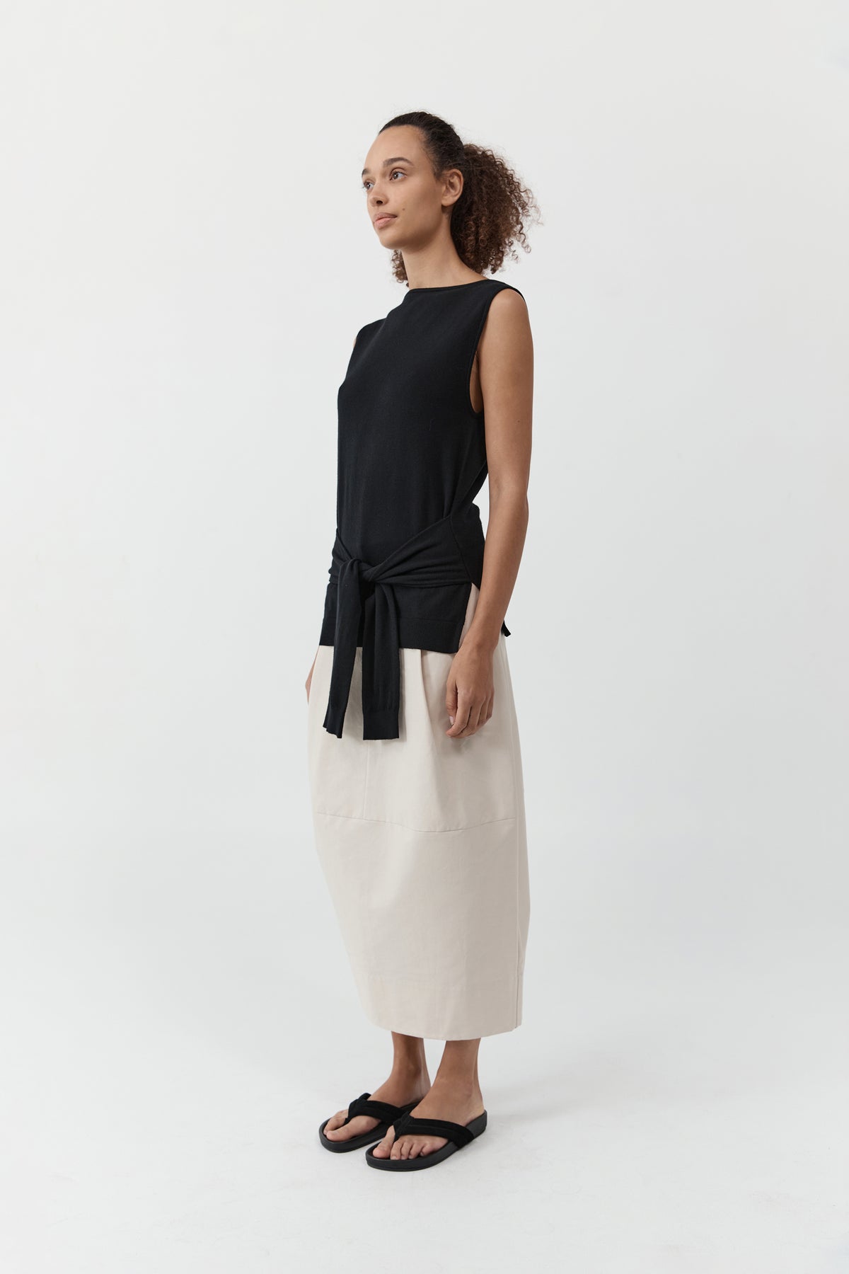 Fine Merino Tie Waist Top - Black