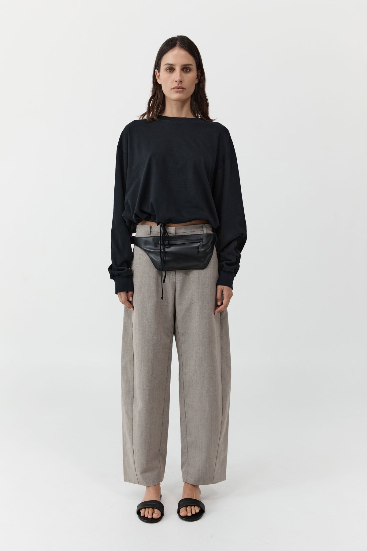 Drawstring Long Sleeve Top - Black