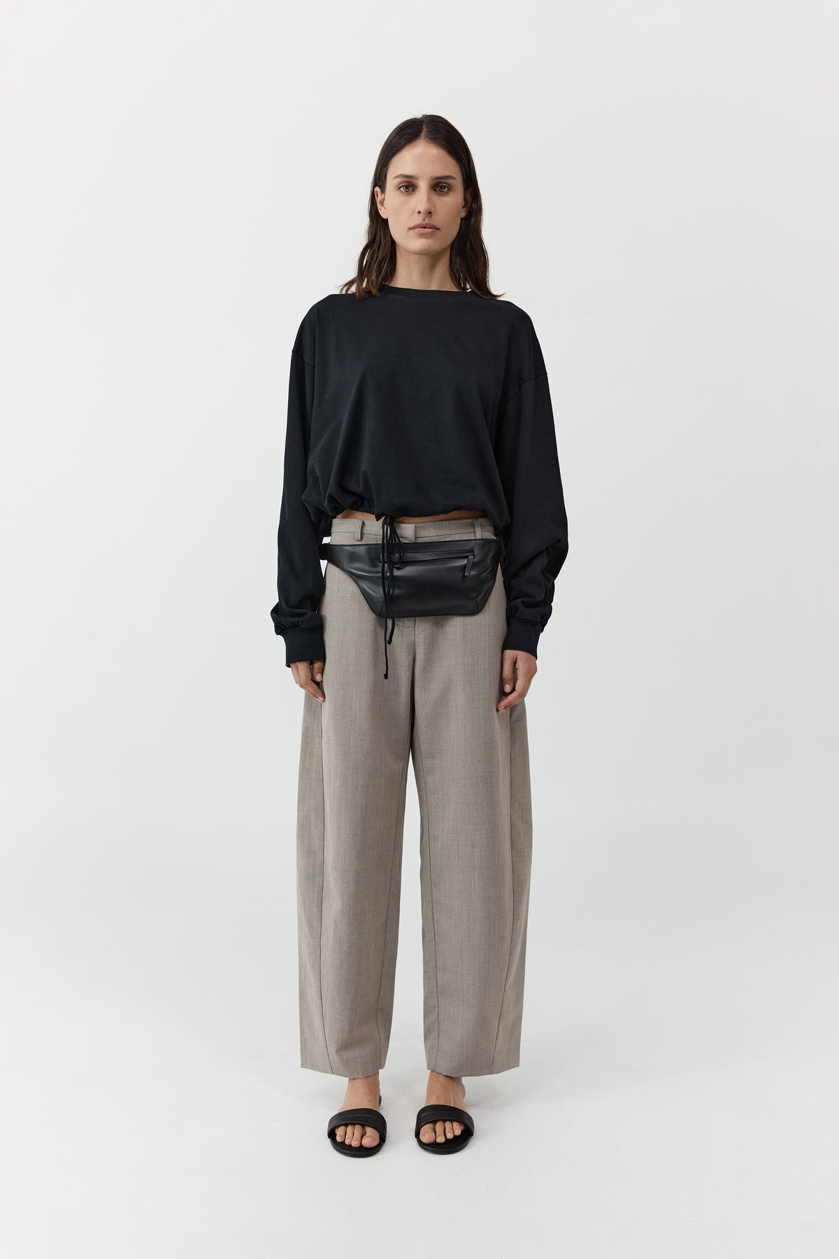 Drawstring Long Sleeve Top - Black