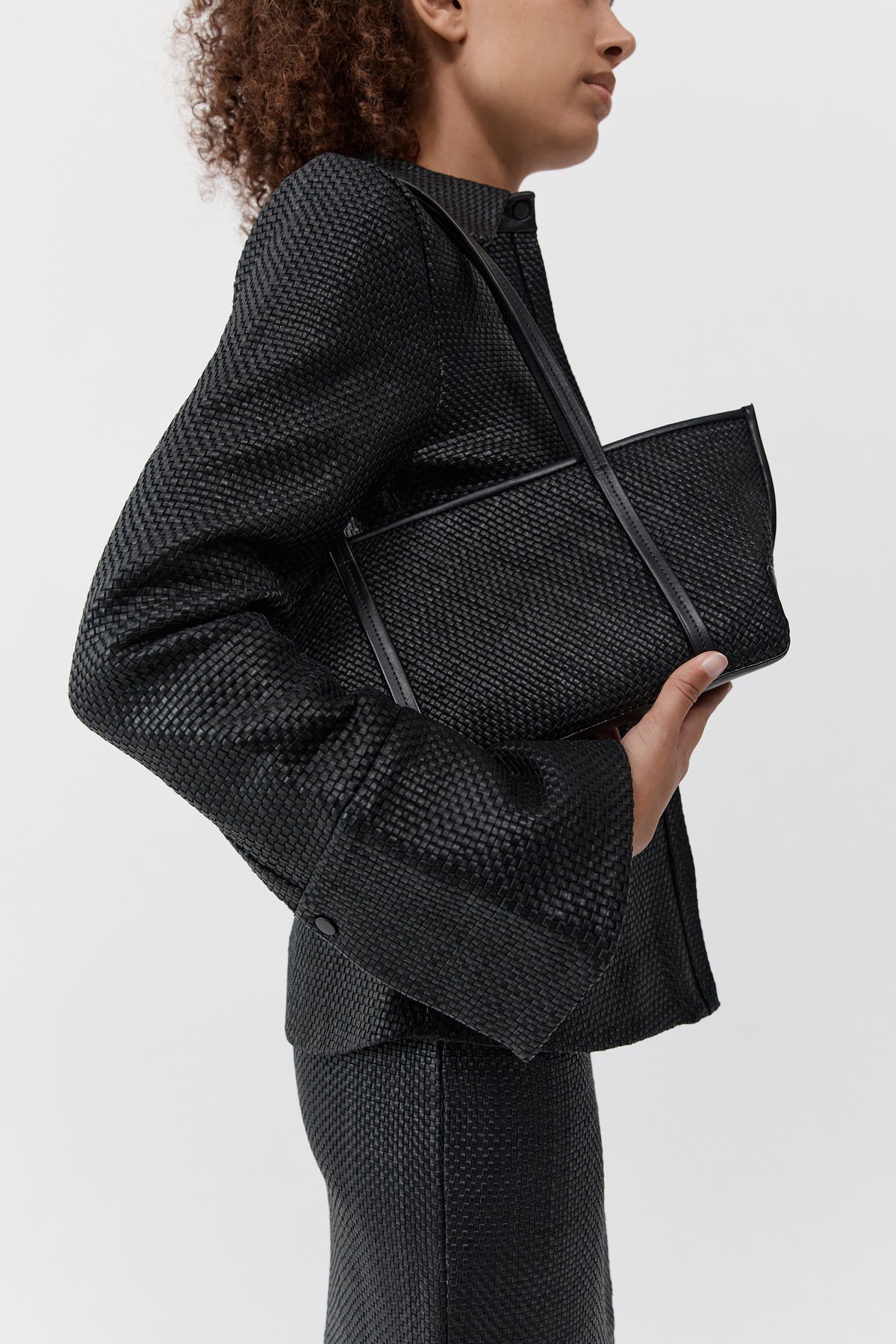 Woven Slim Bateau Tote - Black