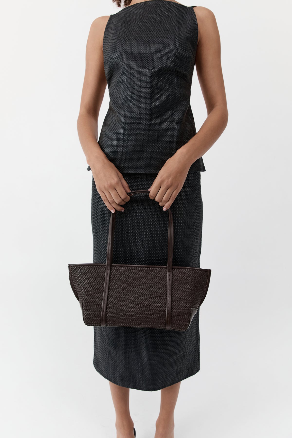 Woven Slim Bateau Tote - Coffee
