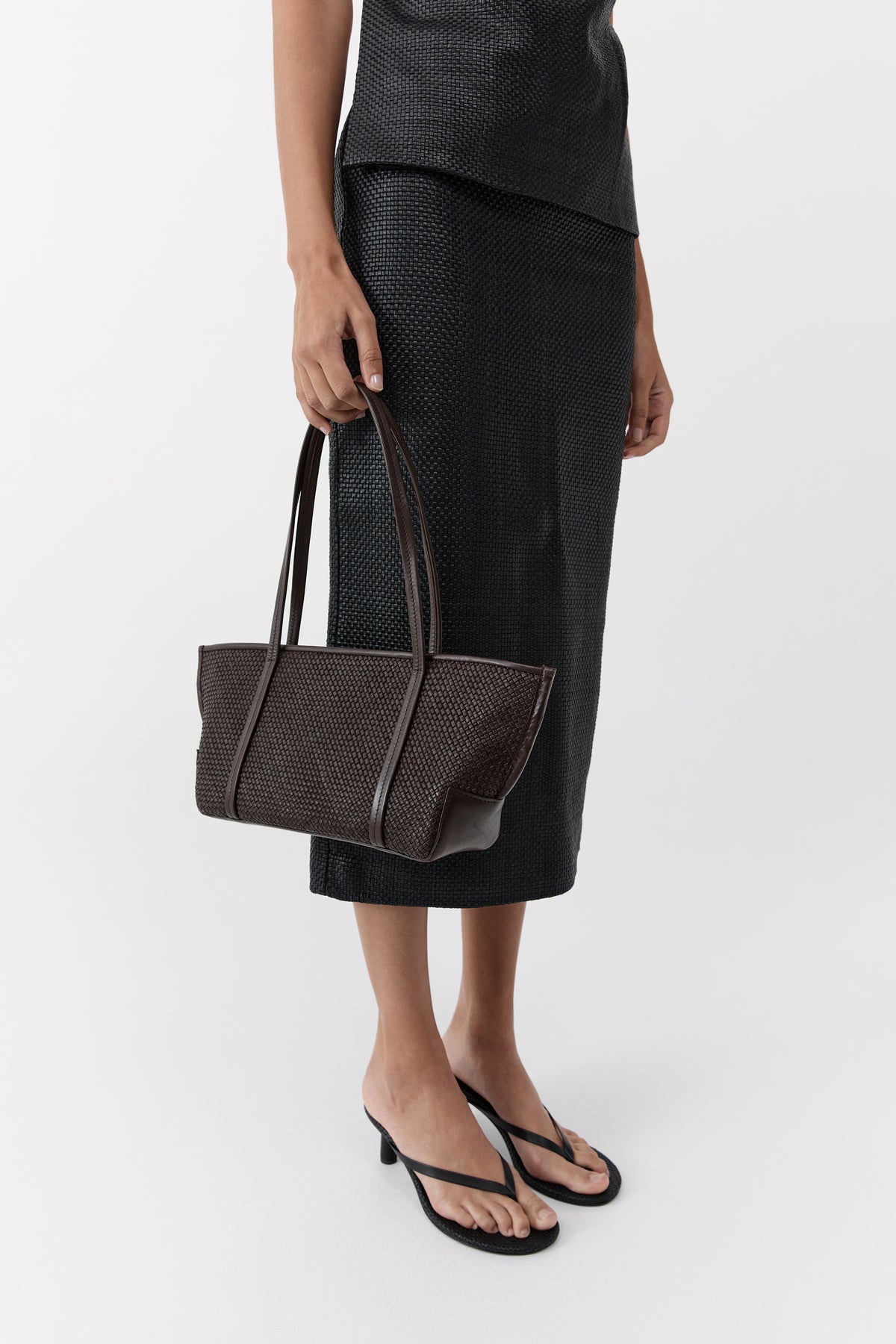 Woven Slim Bateau Tote - Coffee