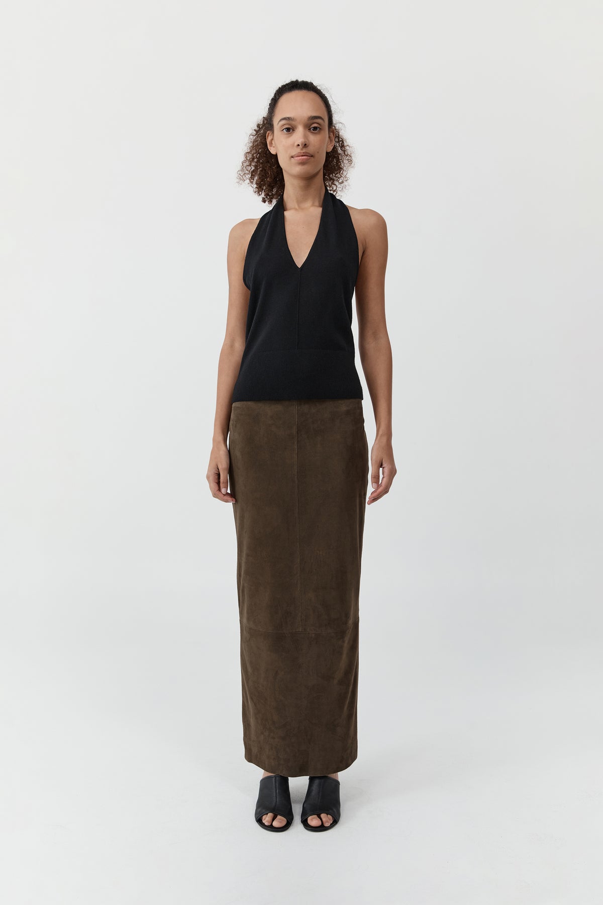 Suede Column Skirt - Khaki