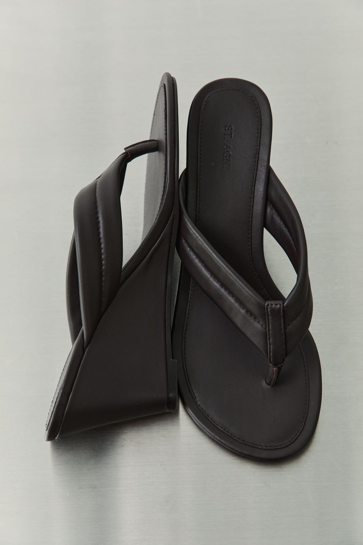 Stitch Detail Thong Wedge - Coffee