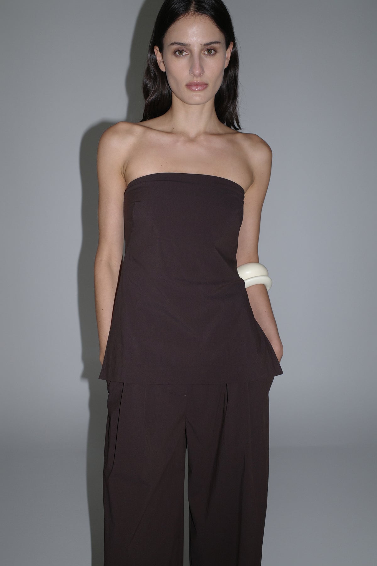 Strapless Rouleau Tie Top - Bark