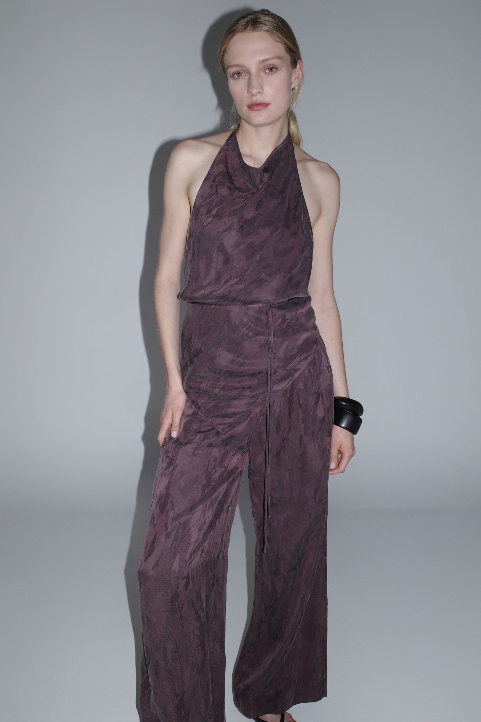 Jacquard Cowl Tie Top - Chocolate Plum