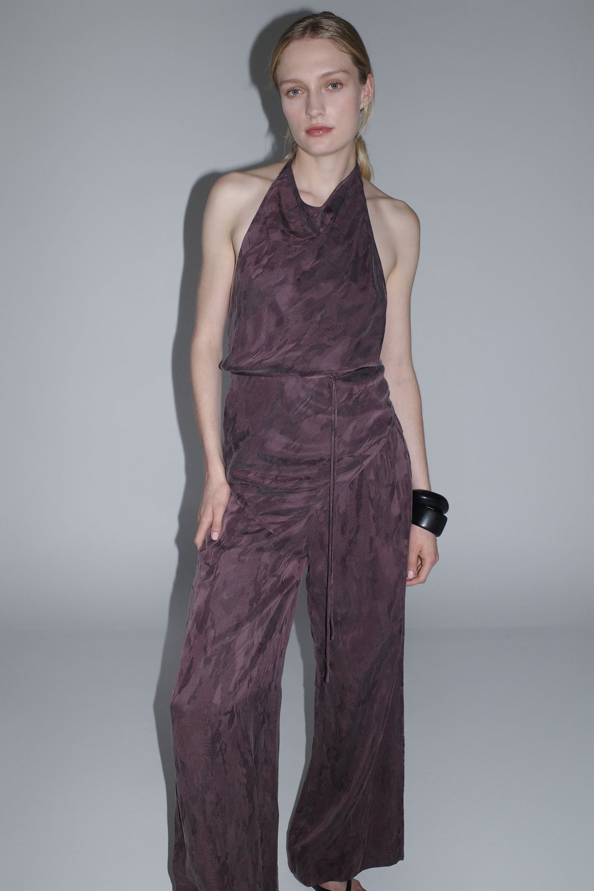 Jacquard Cowl Tie Top - Chocolate Plum