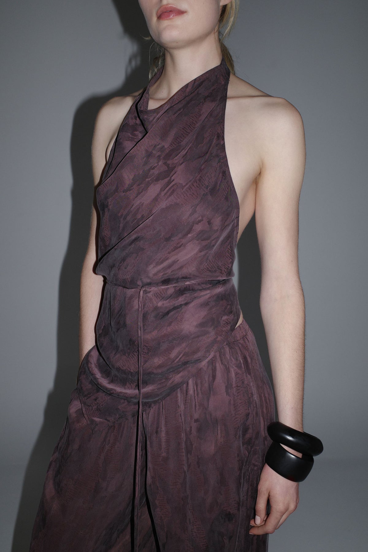 Jacquard Cowl Tie Top - Chocolate Plum