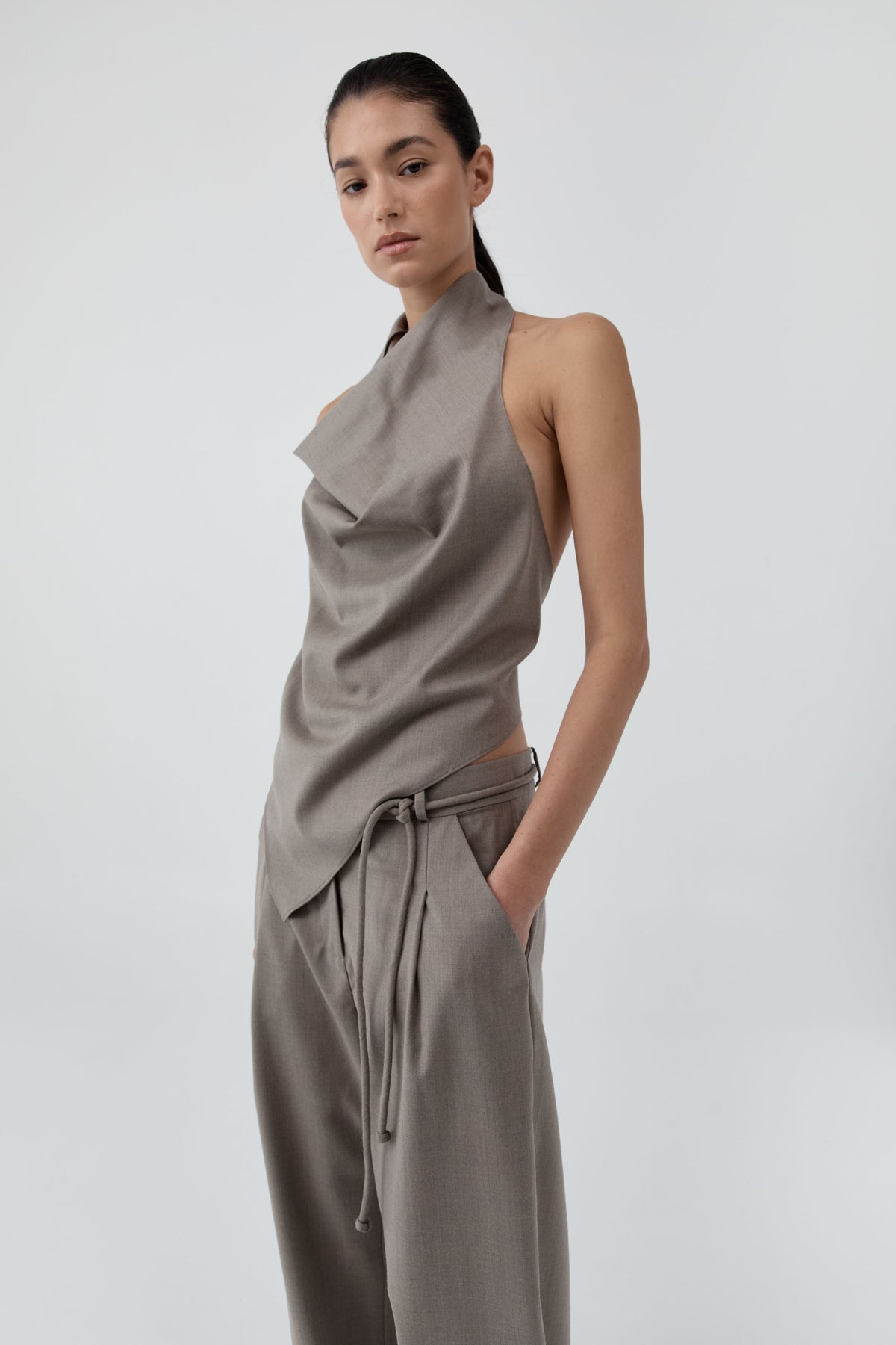 Wool Cowl Backless Top - Light Taupe
