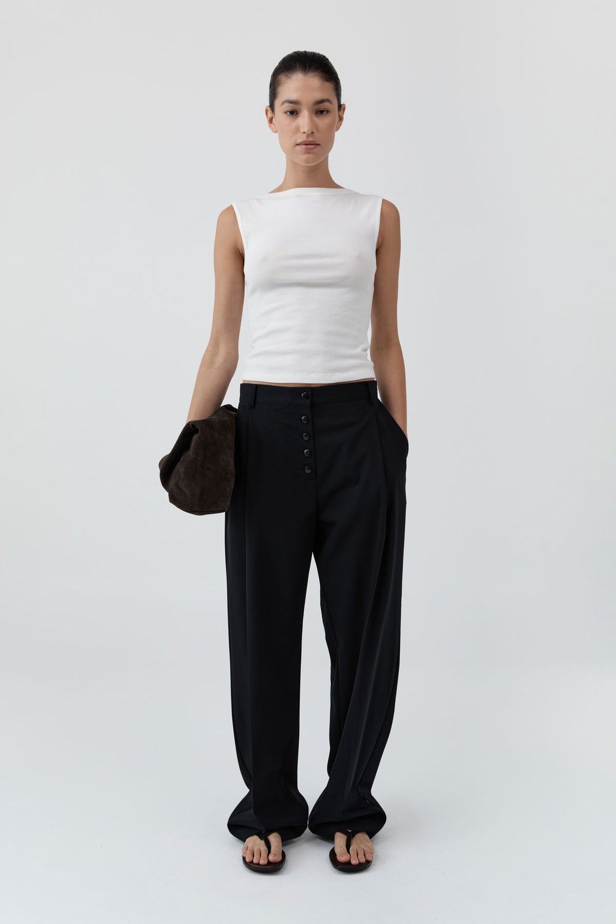 Wool Button Front Pleat Pants - Black