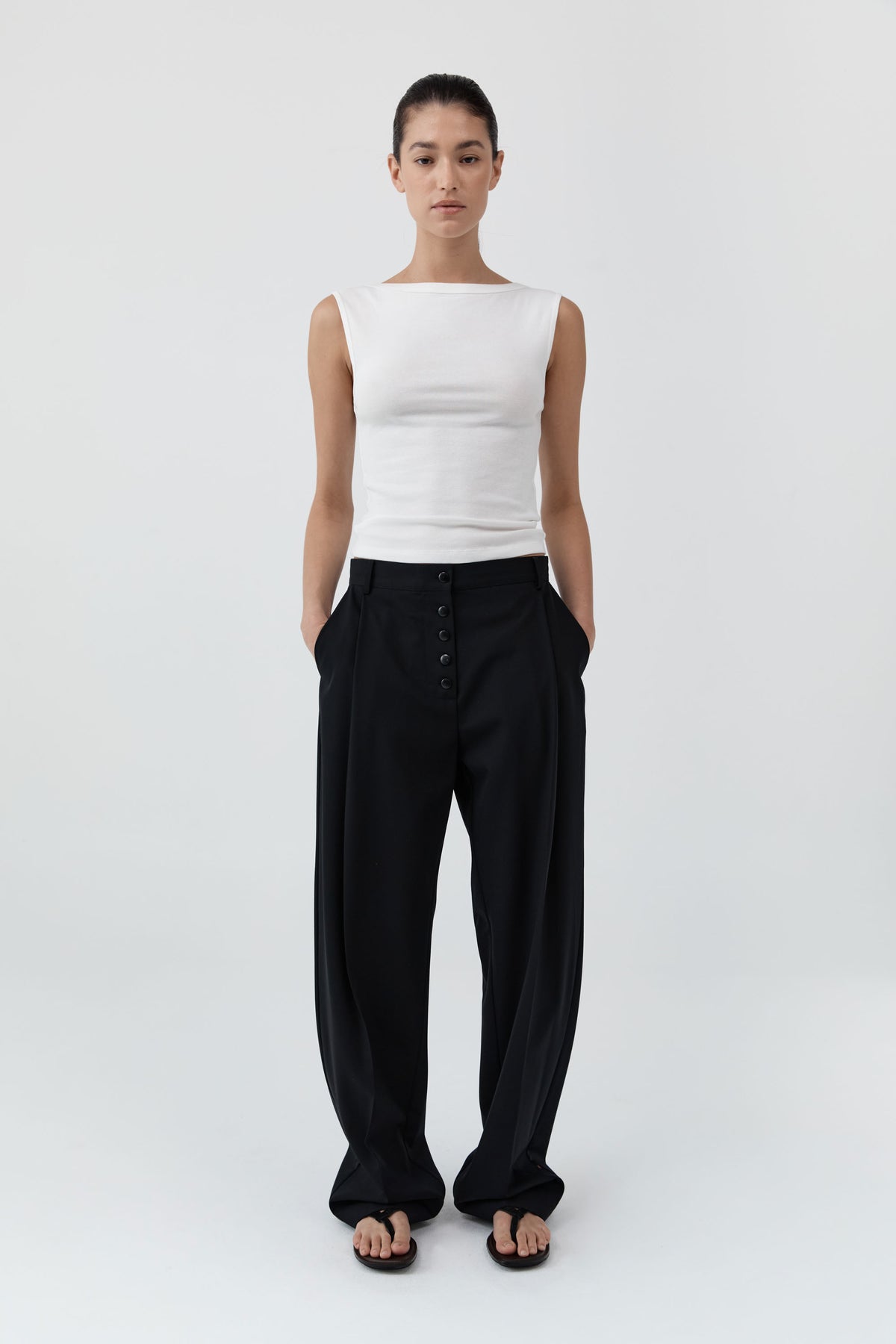Wool Button Front Pleat Pants - Black
