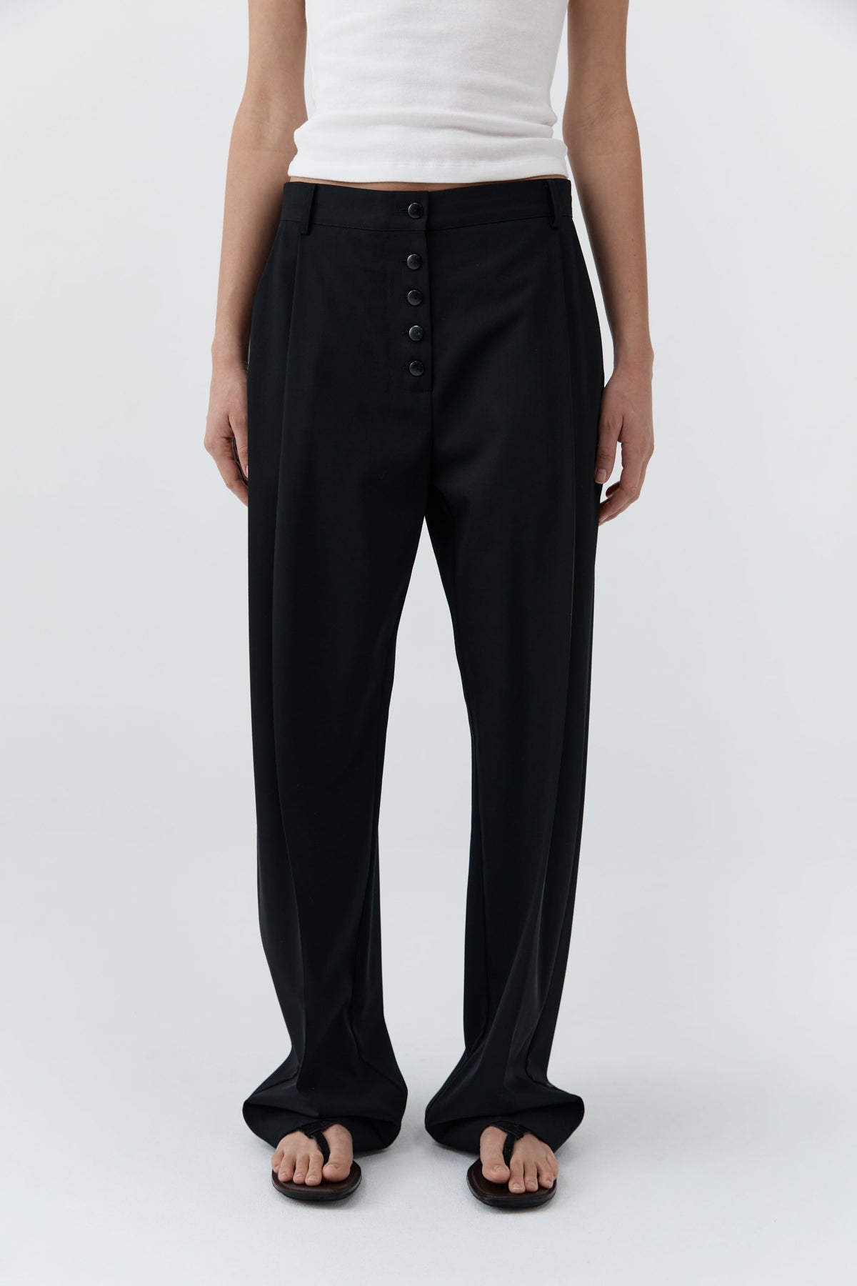 Wool Button Front Pleat Pants - Black