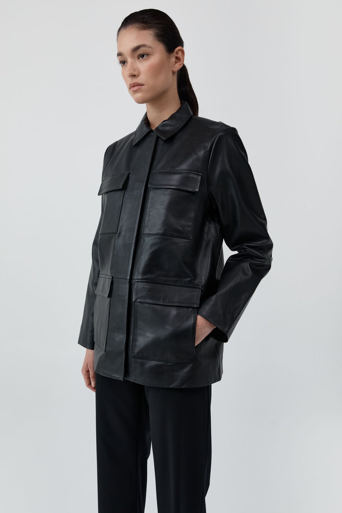 Four Pocket Leather Jacket - Black