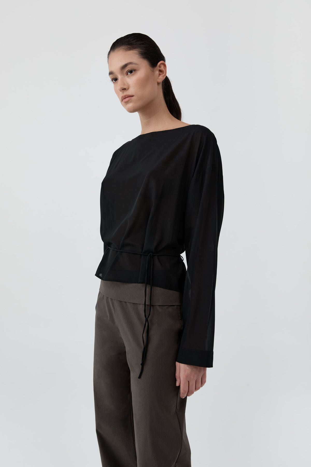 Stretch Silk Bateau Top - Black