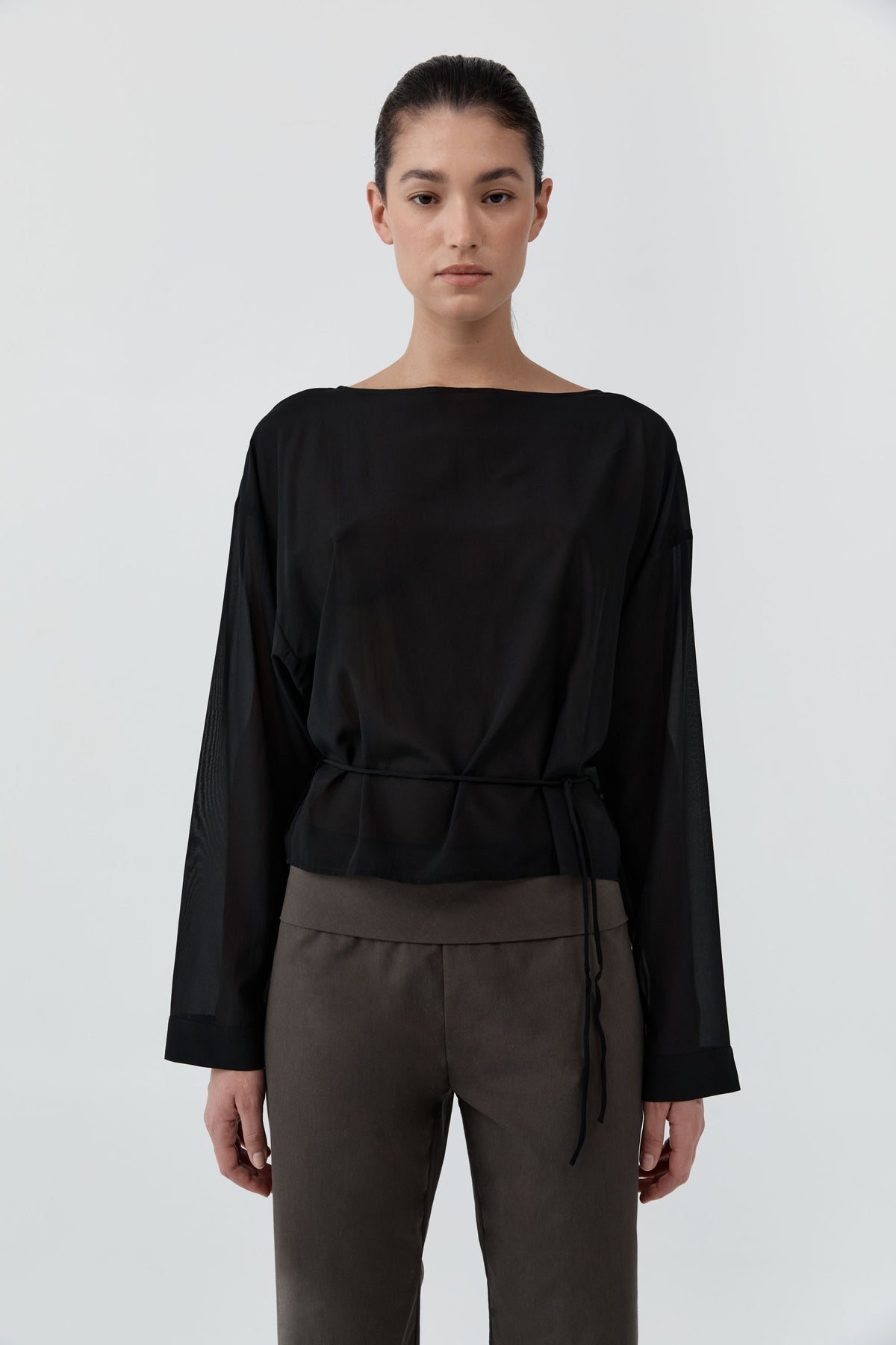 Stretch Silk Bateau Top - Black