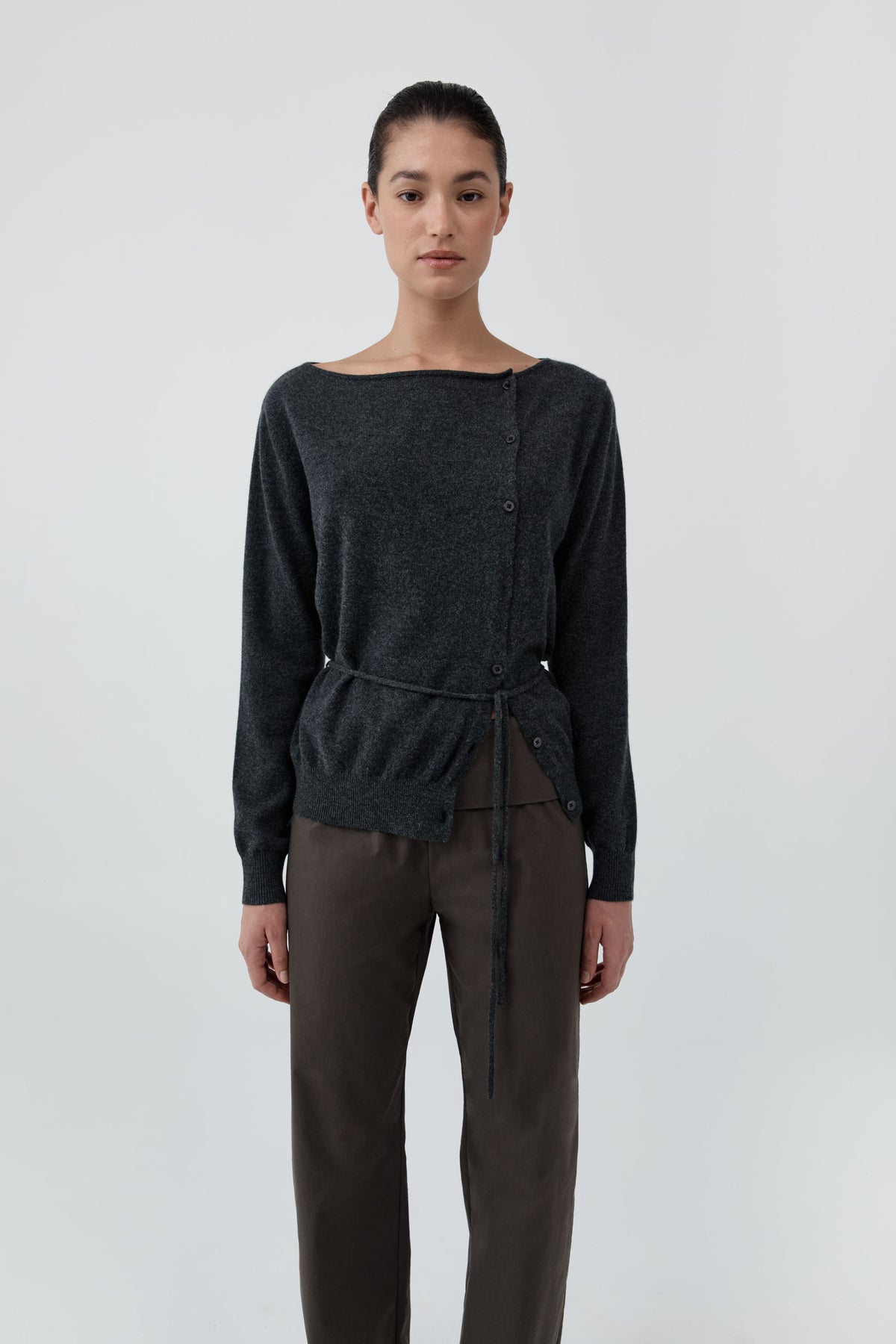 Cashmere Asymm Cardigan - Charcoal Melange