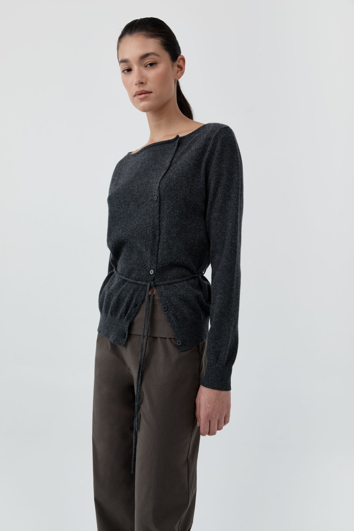 Cashmere Asymm Cardigan - Charcoal Melange