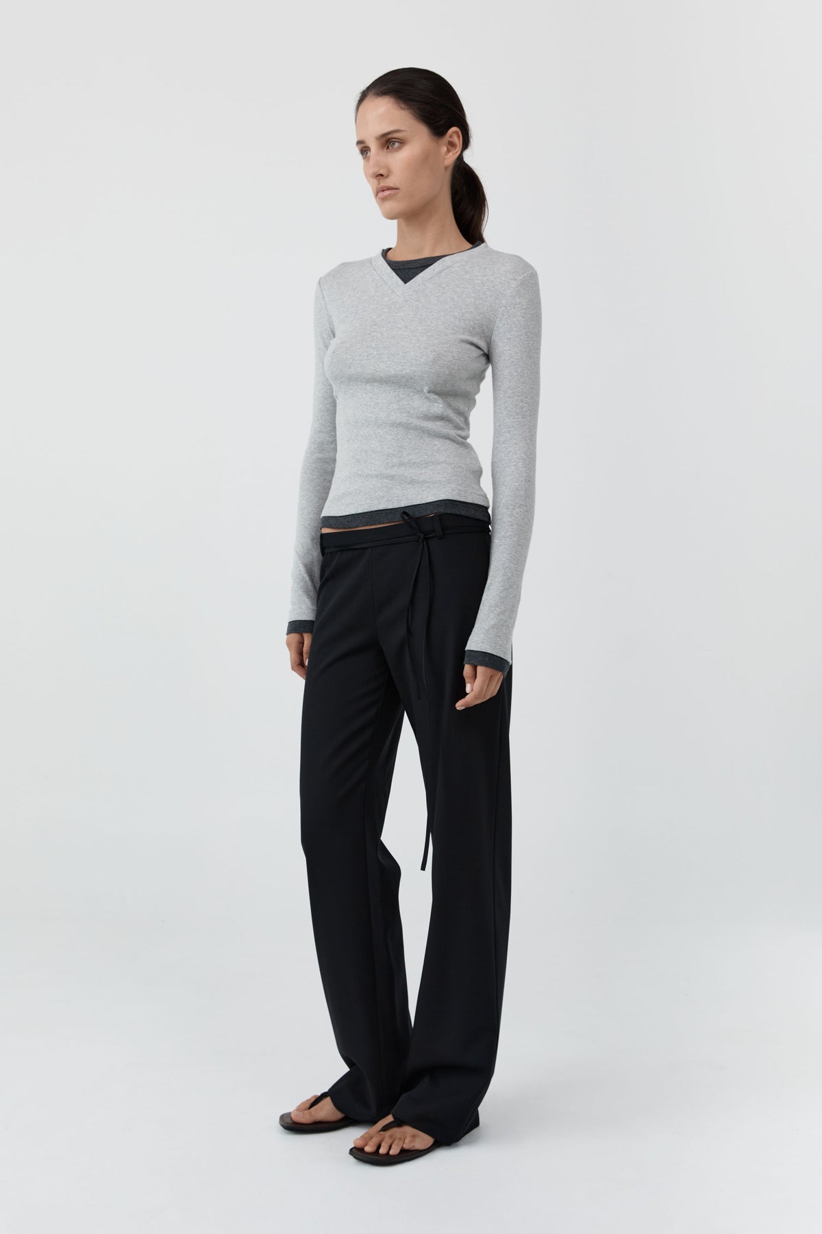 Organic Cotton V Neck Long Sleeve Top - Grey Marle