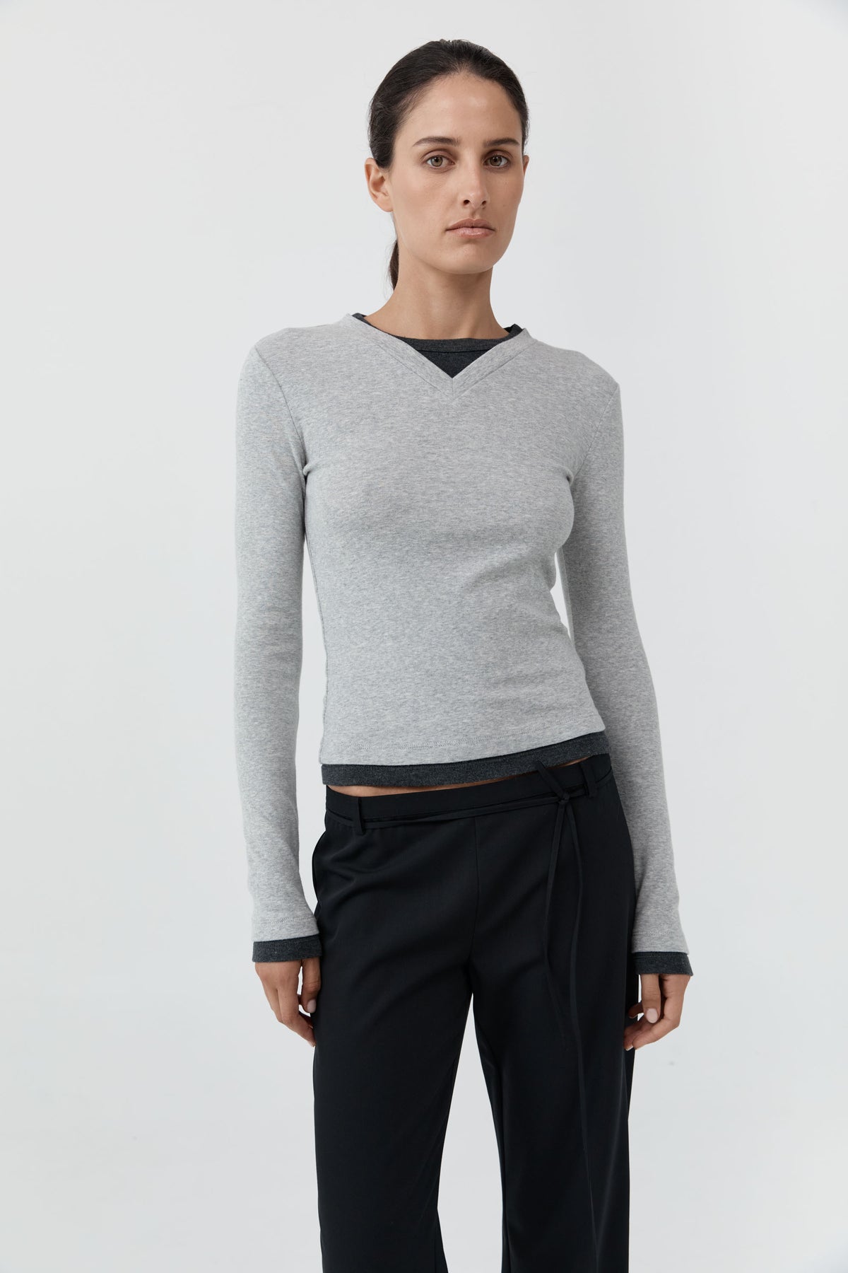 Organic Cotton V Neck Long Sleeve Top - Grey Marle